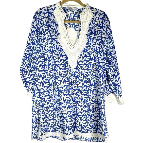 Sulu Collection Blue White Embroidered Cotton Tunic XL Boho Resort Coastal Chic - Picture 3 of 11